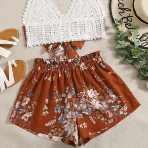 NWOT Floral Two-Piece Set with White Crochet Top